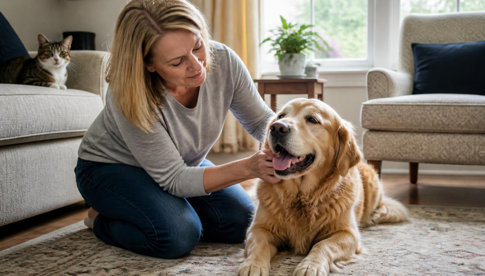 A woman kneeling on a rug in a comfortable living room, gently stroking a relaxed golden retriever while a cat sits on the sofa nearby.