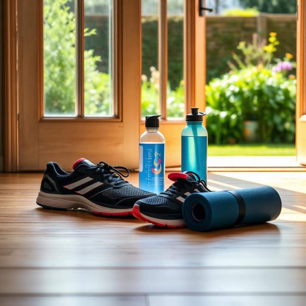 Running trainers, a water bottle and rolled yoga mat by a garden door