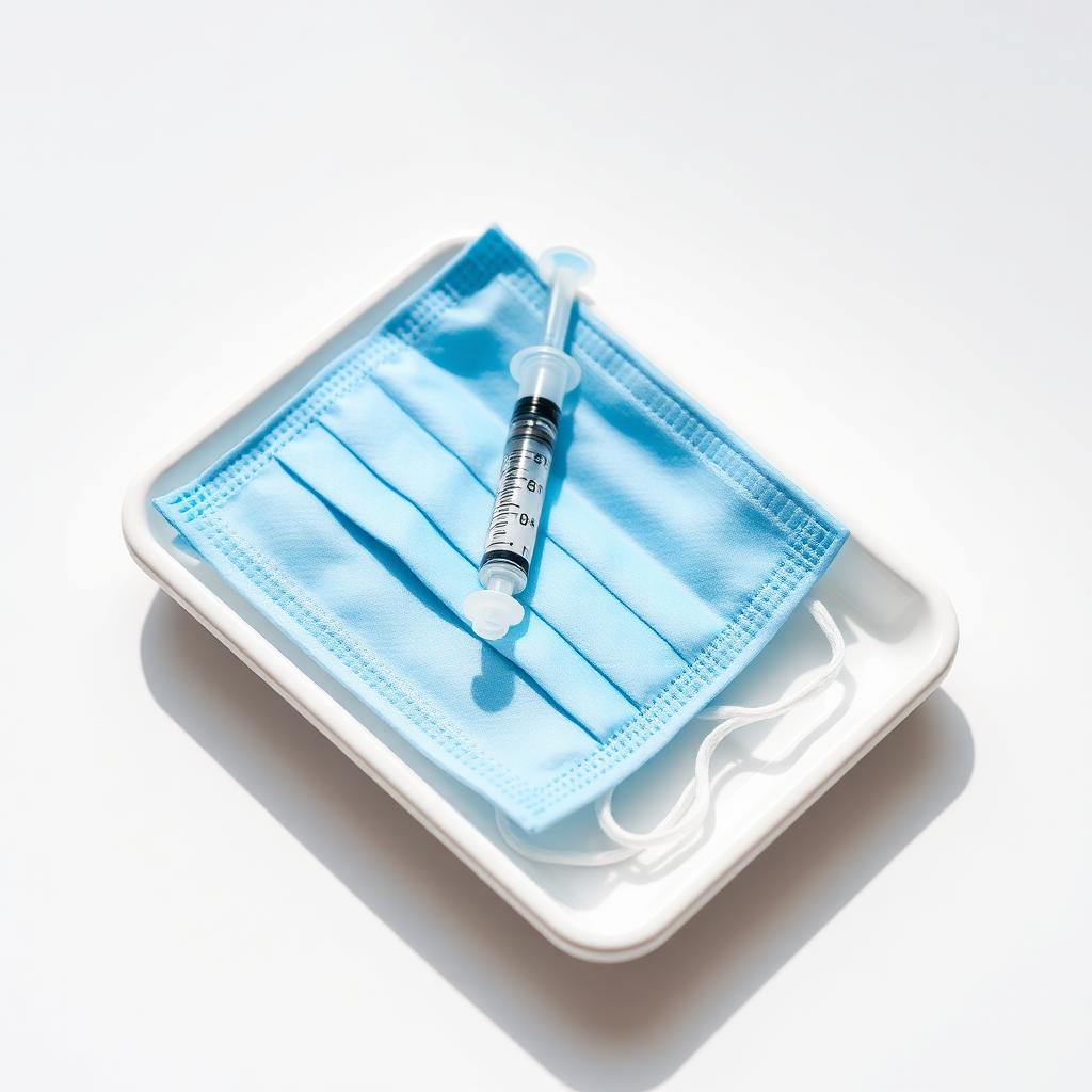 A syringe and folded medical mask on a clean clinical tray