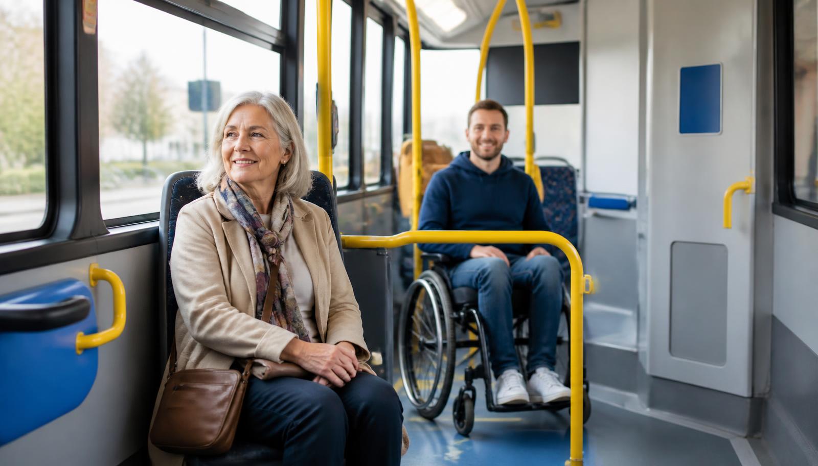 Inside a bright modern bus in daylight: an older woman with grey hair sits comfortably in a priority seat by a large window, and a man using a manual wheelchair is positioned in the marked wheelchair bay beside a yellow grab rail.