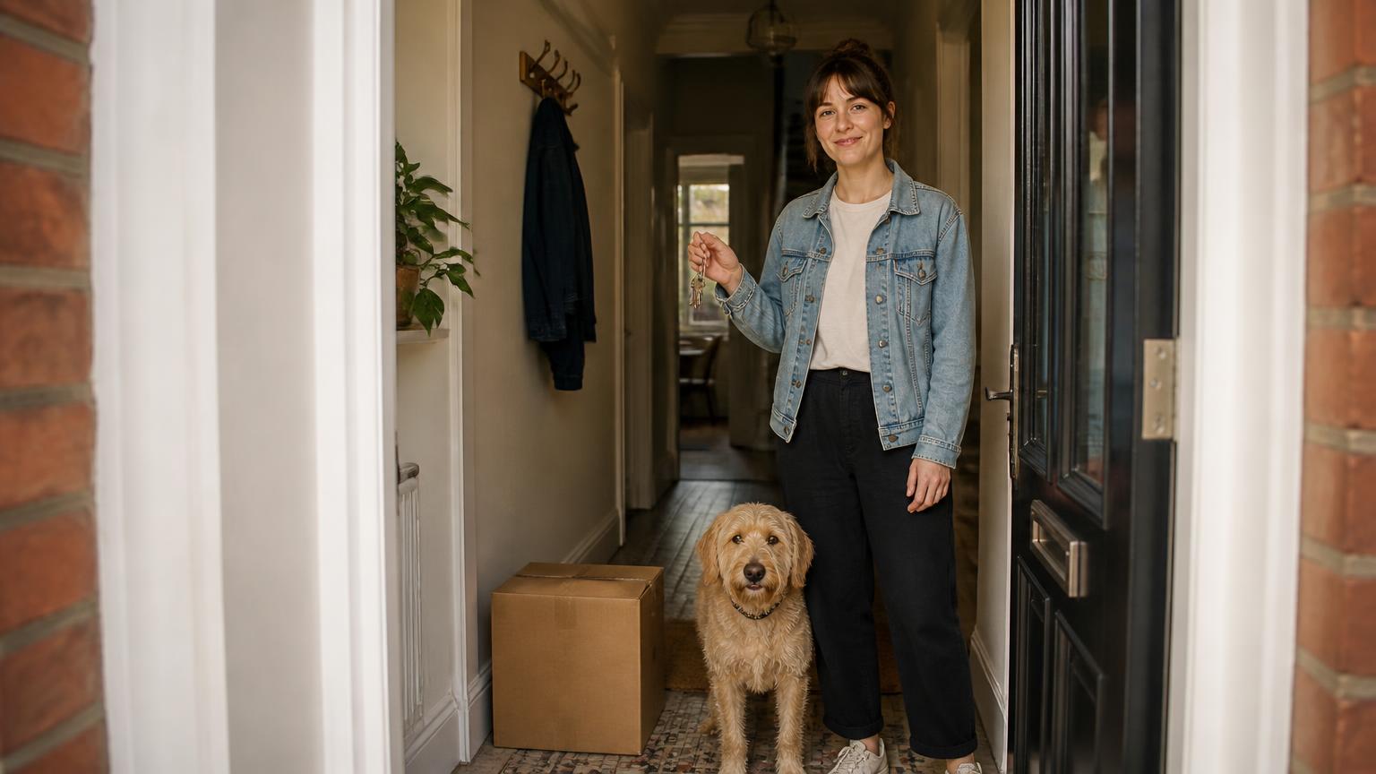 A tenant standing in the hallway of an ordinary terraced home, holding house keys, with a friendly dog beside her and a cardboard moving box on the floor.