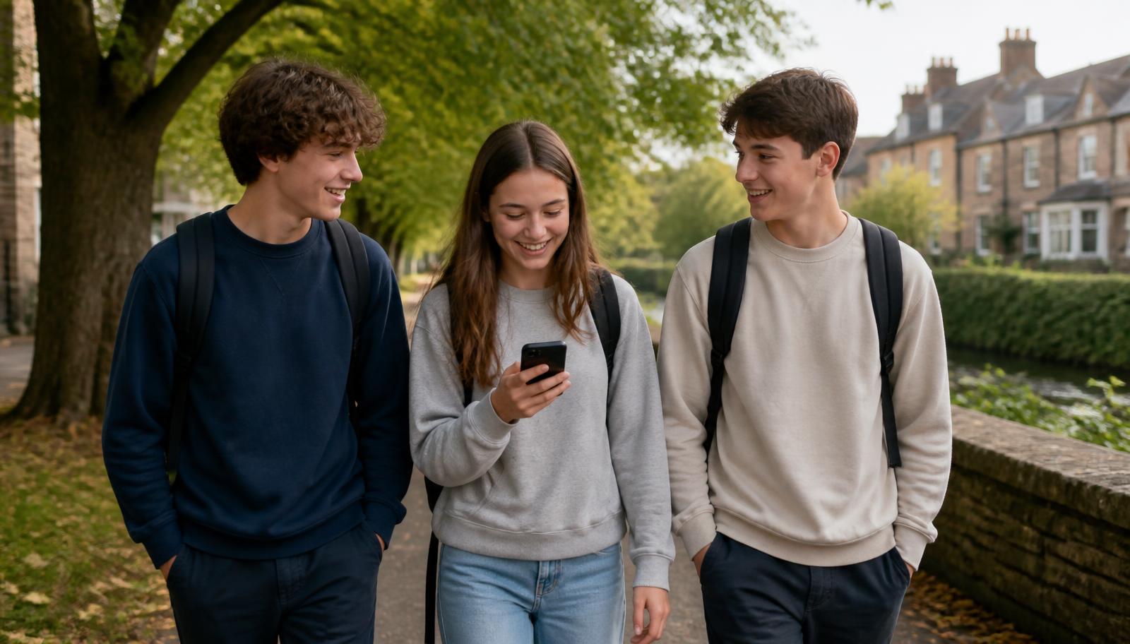 Three teenagers in plain casual clothes walking together and chatting along a tree-lined path in a British town on a bright day.