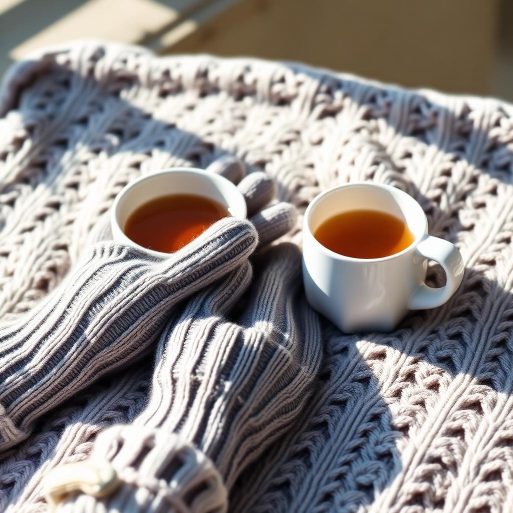Woollen gloves and a warm mug of tea on a knitted blanket