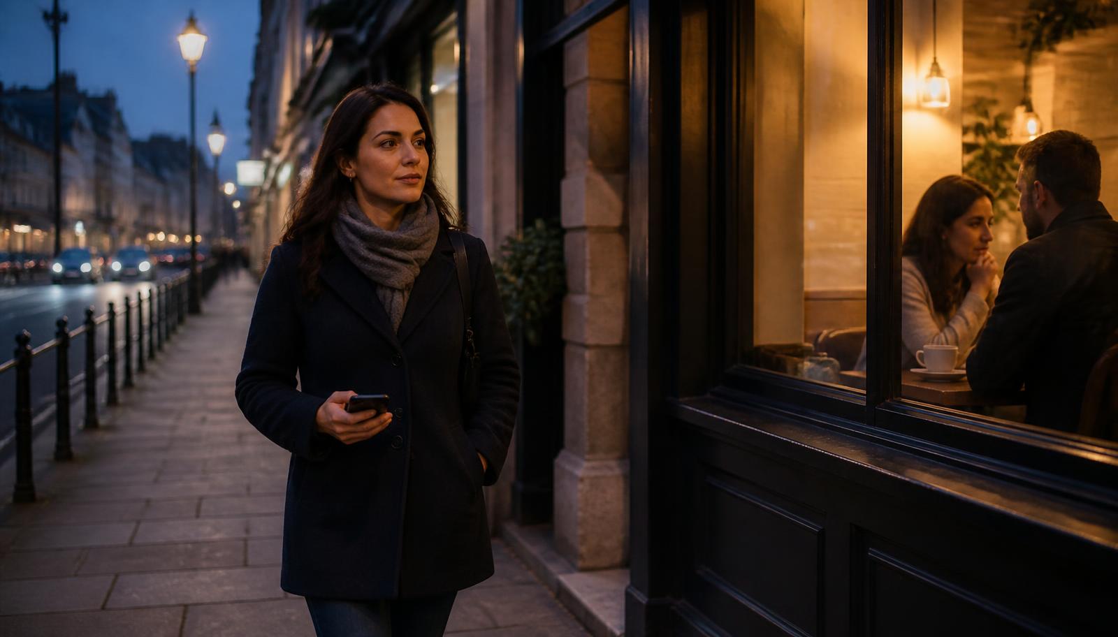 A person walking calmly along a well-lit city street at dusk, passing a softly lit café.