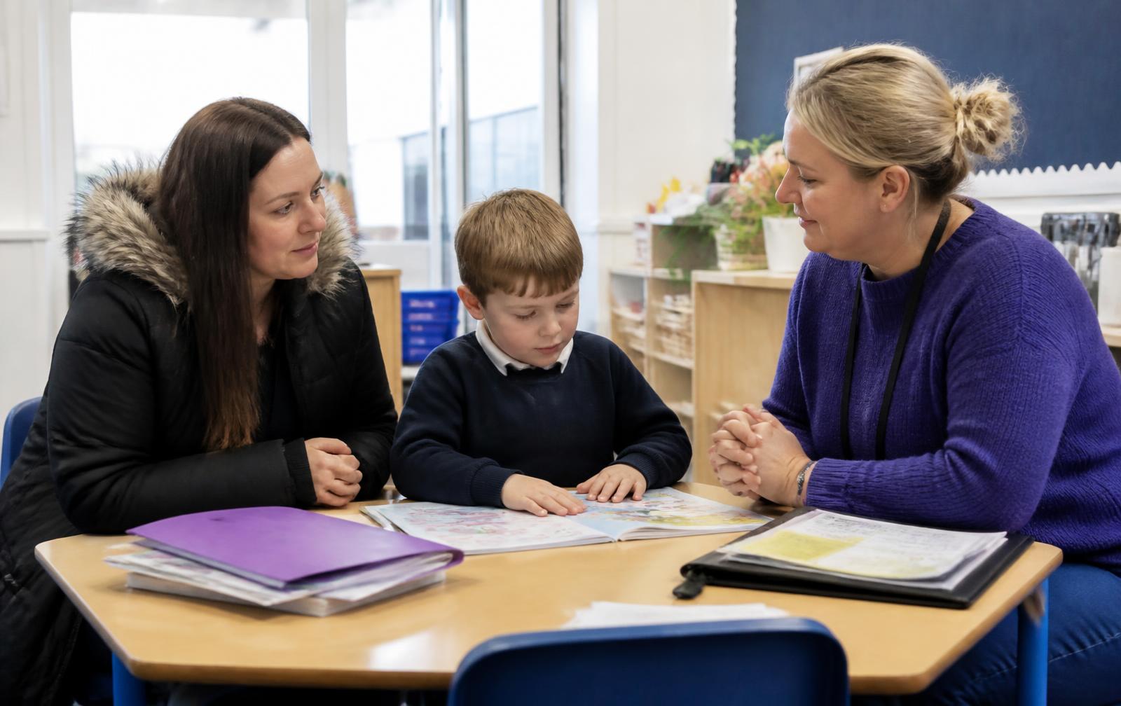 A parent and a member of school staff sitting either side of a young child at a classroom table, looking at a book together with folders and paperwork nearby.
