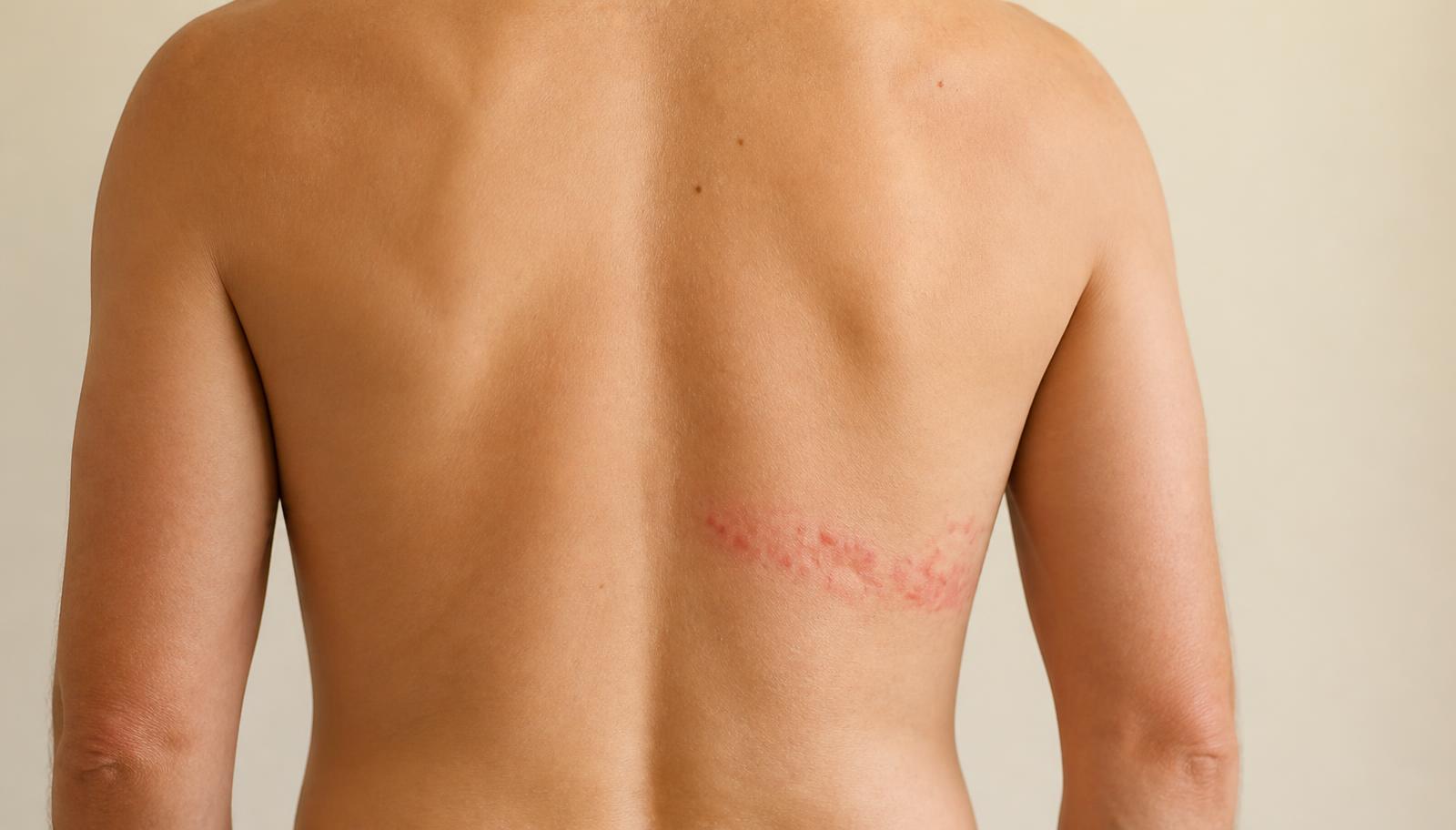 An adult's upper back and side, photographed from behind with no face visible, showing a mild band of small pink spots on one side following a nerve line.