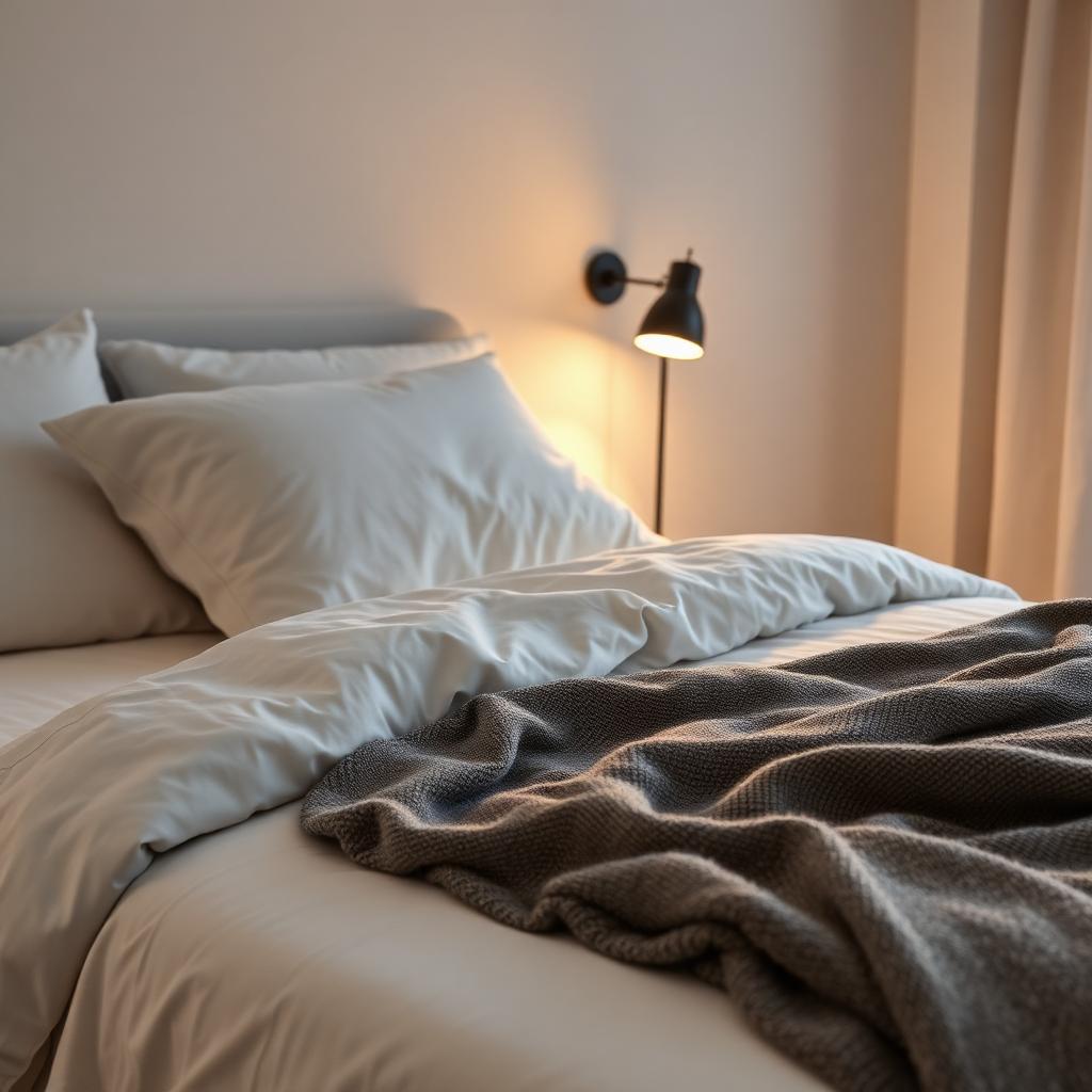 A softly lit bedroom with a made bed and warm bedside lamp