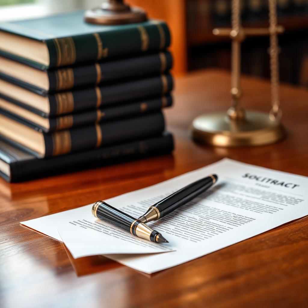 A fountain pen on a legal document beside a stack of law books