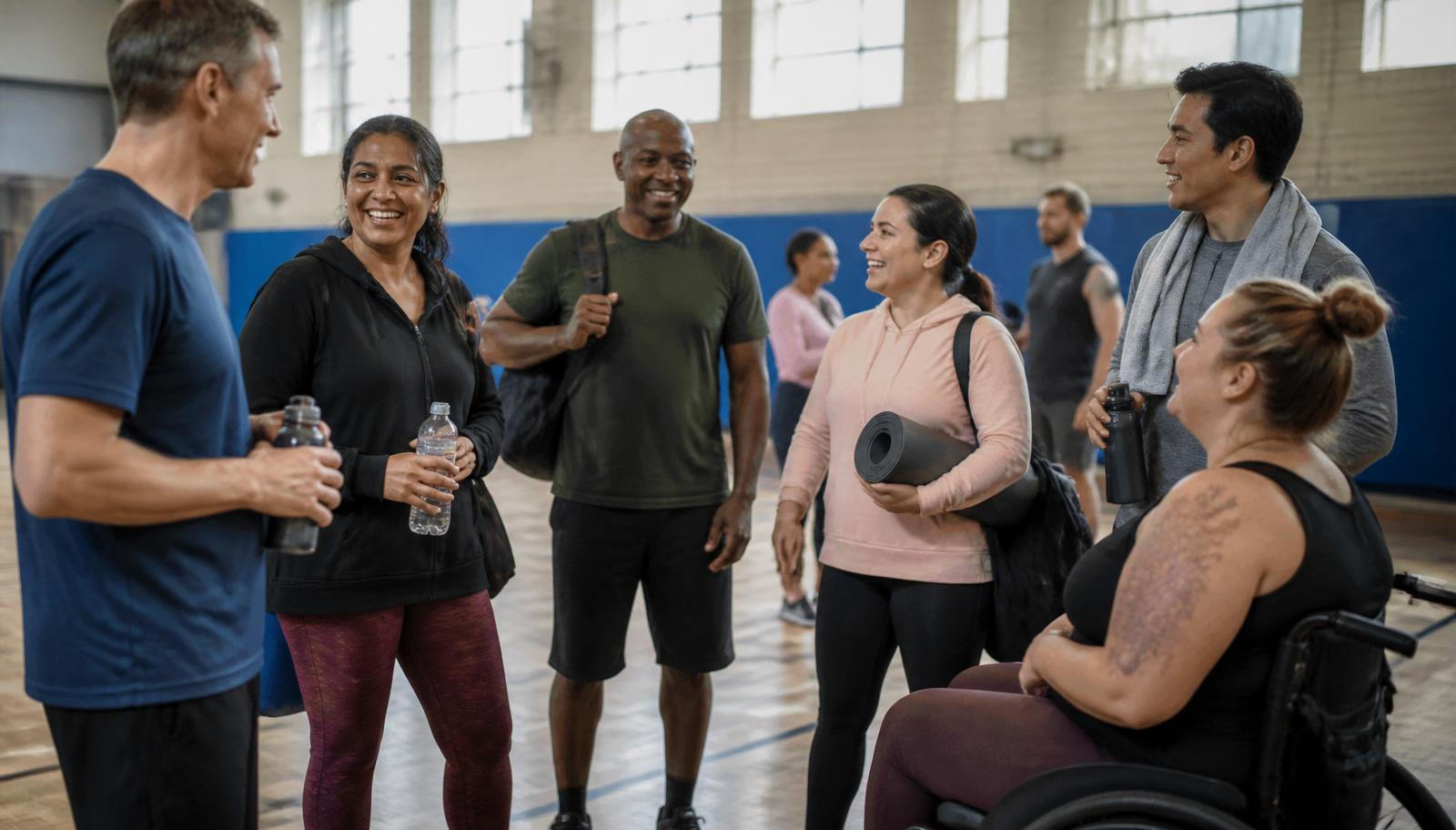 A bright, inclusive community leisure centre with people of different ages and abilities walking and exercising together