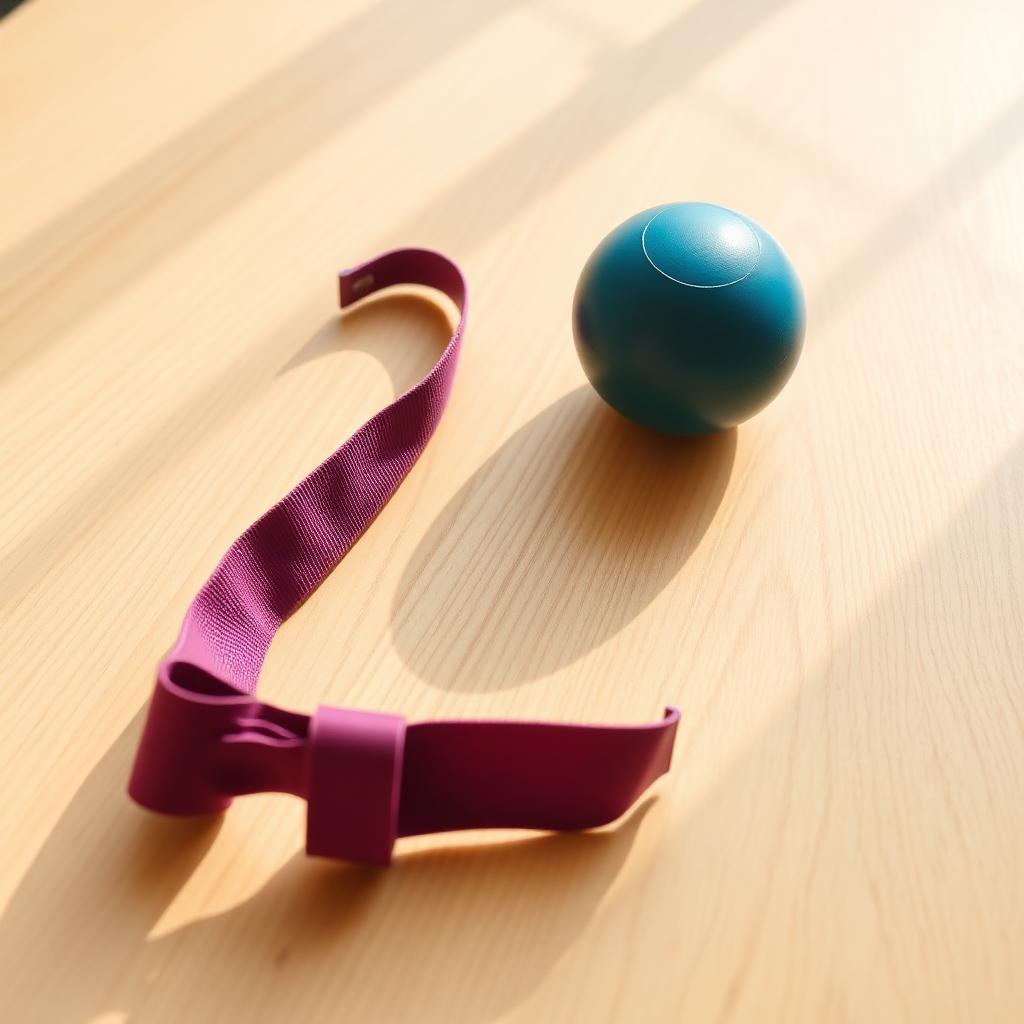 A physiotherapy resistance band and hand-exercise ball on a table