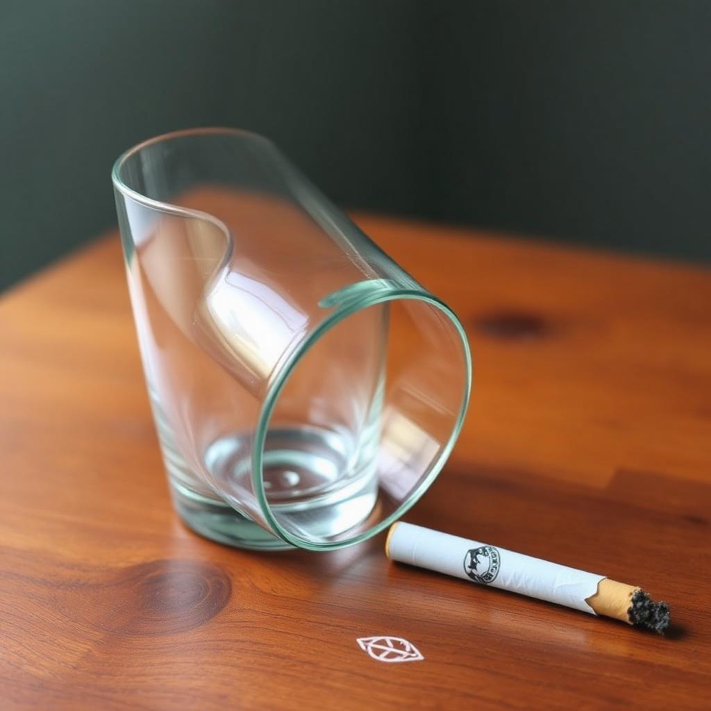 An empty tumbler and a broken cigarette on a wooden table