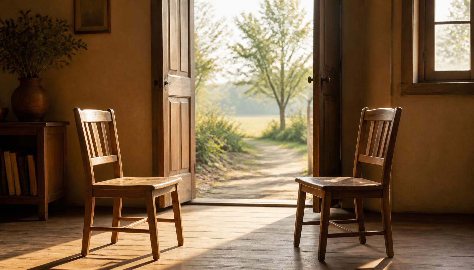 Early daylight coming through an open doorway into a quiet room, with two empty wooden chairs nearby