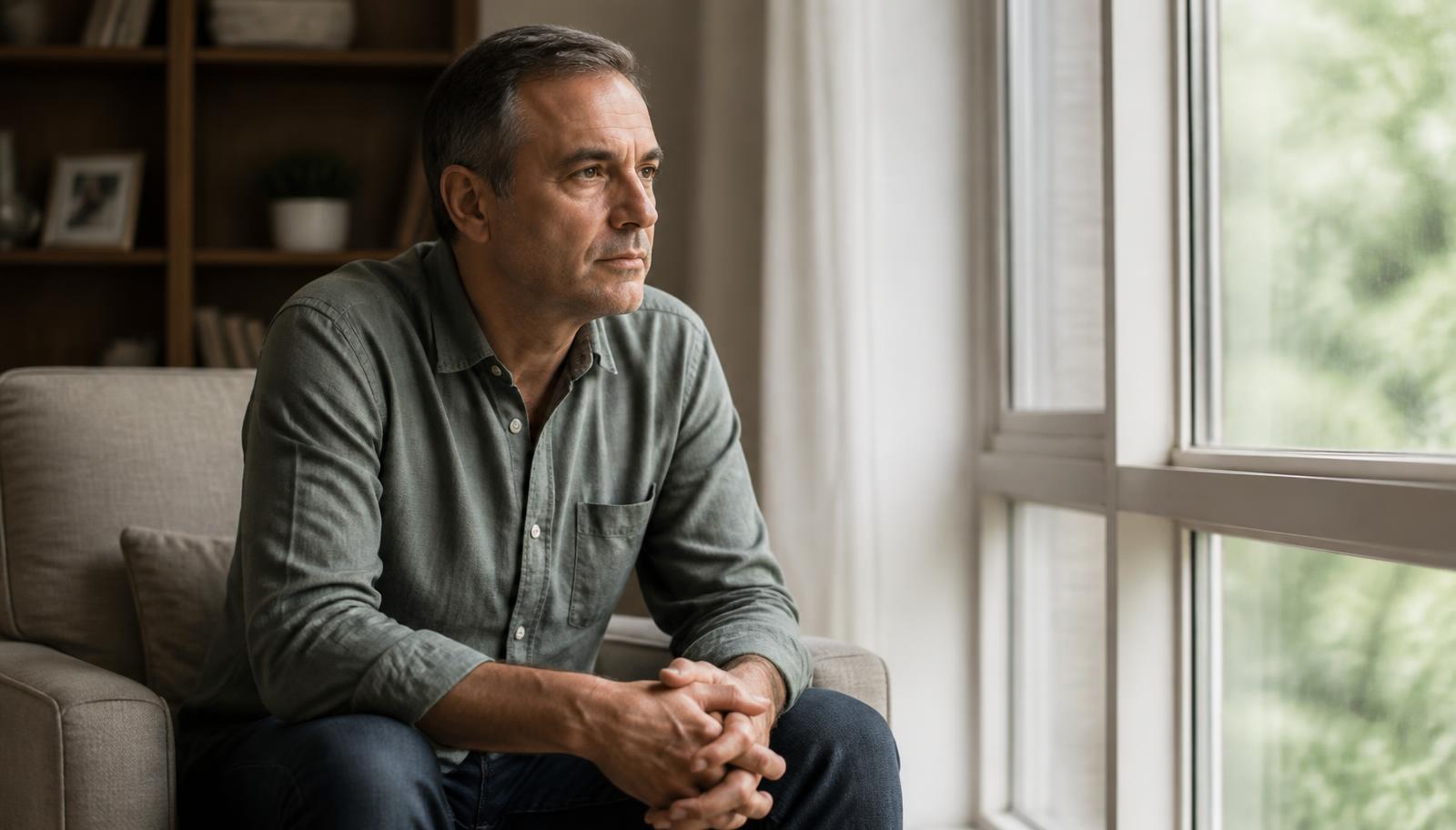 A man sitting quietly in an armchair beside a bright window, looking thoughtful.