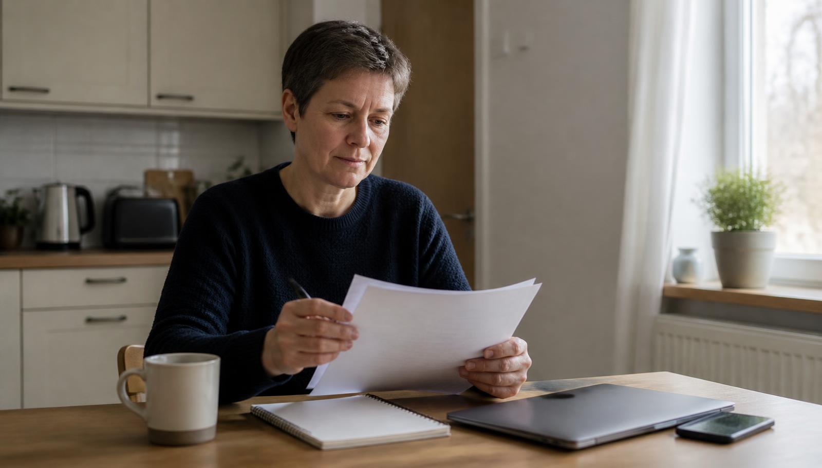 An adult sitting at a kitchen table at home in daylight, reading a sheet of paperwork with a pen in hand, beside a closed laptop, a notebook, a mug and a mobile phone.
