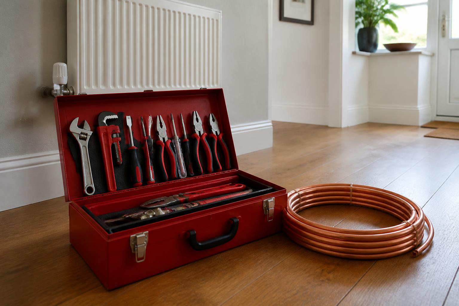 An open red metal toolbox on a wooden floor in a tidy British hallway, holding an adjustable spanner, pipe wrench, screwdrivers, pliers and a voltage tester, with a coil of copper pipe beside it and a radiator in the background.