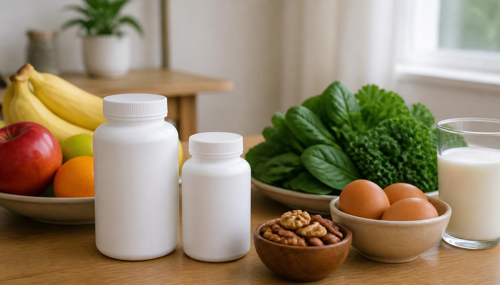 Two plain, unlabelled supplement containers on a kitchen table beside a bowl of fruit, leafy green vegetables, eggs, walnuts and a glass of milk