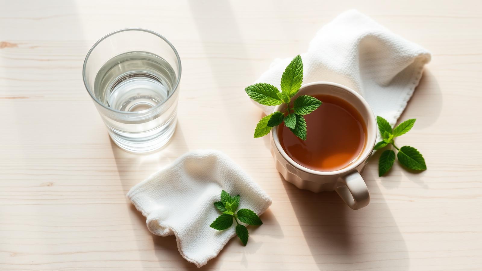A clear glass of water and a mug of herbal tea with fresh mint on a light wooden table in soft daylight