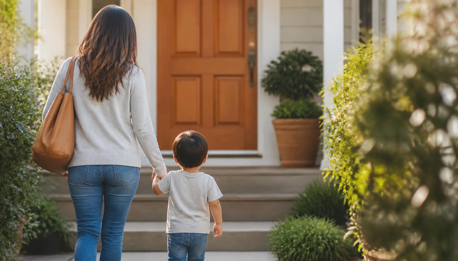 A woman and a young child, seen from behind, walking together towards a warm, welcoming, anonymous front door in soft daylight