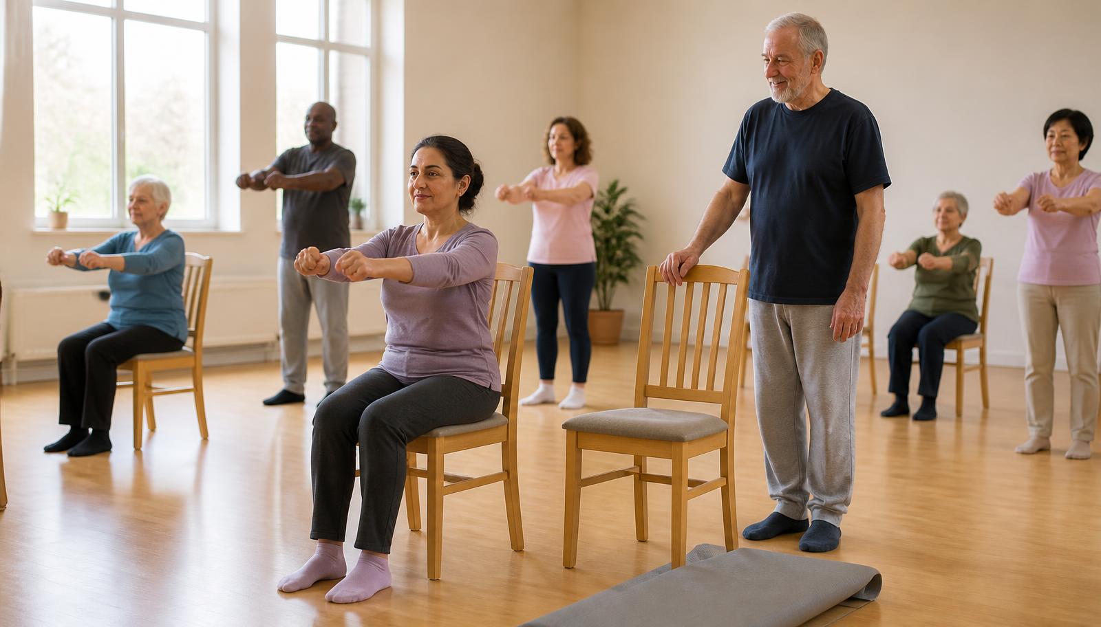 A bright community hall class of adults of different ages and backgrounds in comfortable everyday clothing, some seated upright on sturdy wooden chairs doing a gentle arm movement and one older man standing with a hand resting lightly on a chair back, with a rolled-out grey exercise mat on the wooden floor in front.