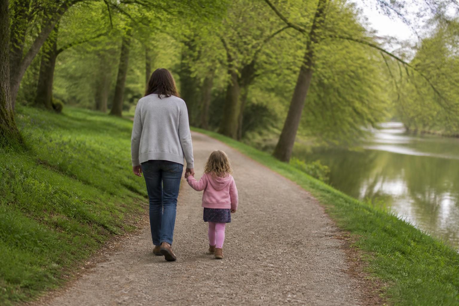 An adult and a young child walking hand in hand along a quiet tree-lined path beside a river, photographed from behind.