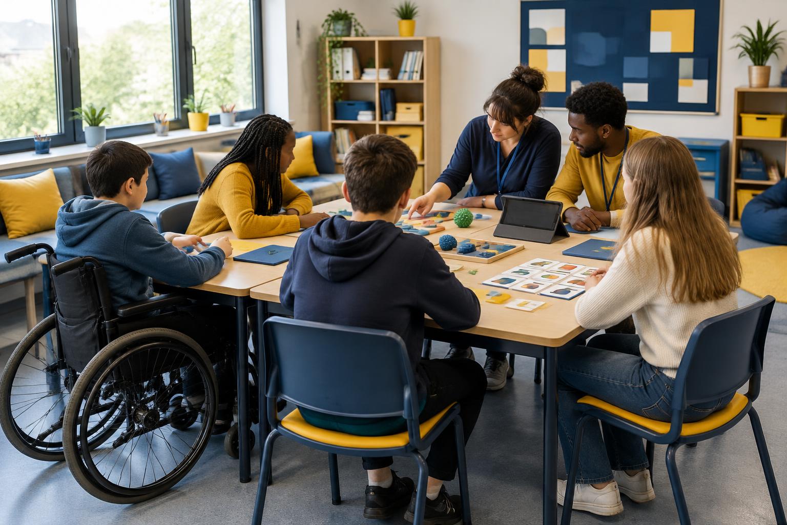 Pupils, including a wheelchair user, learning with adults around a classroom table in an inclusive school.