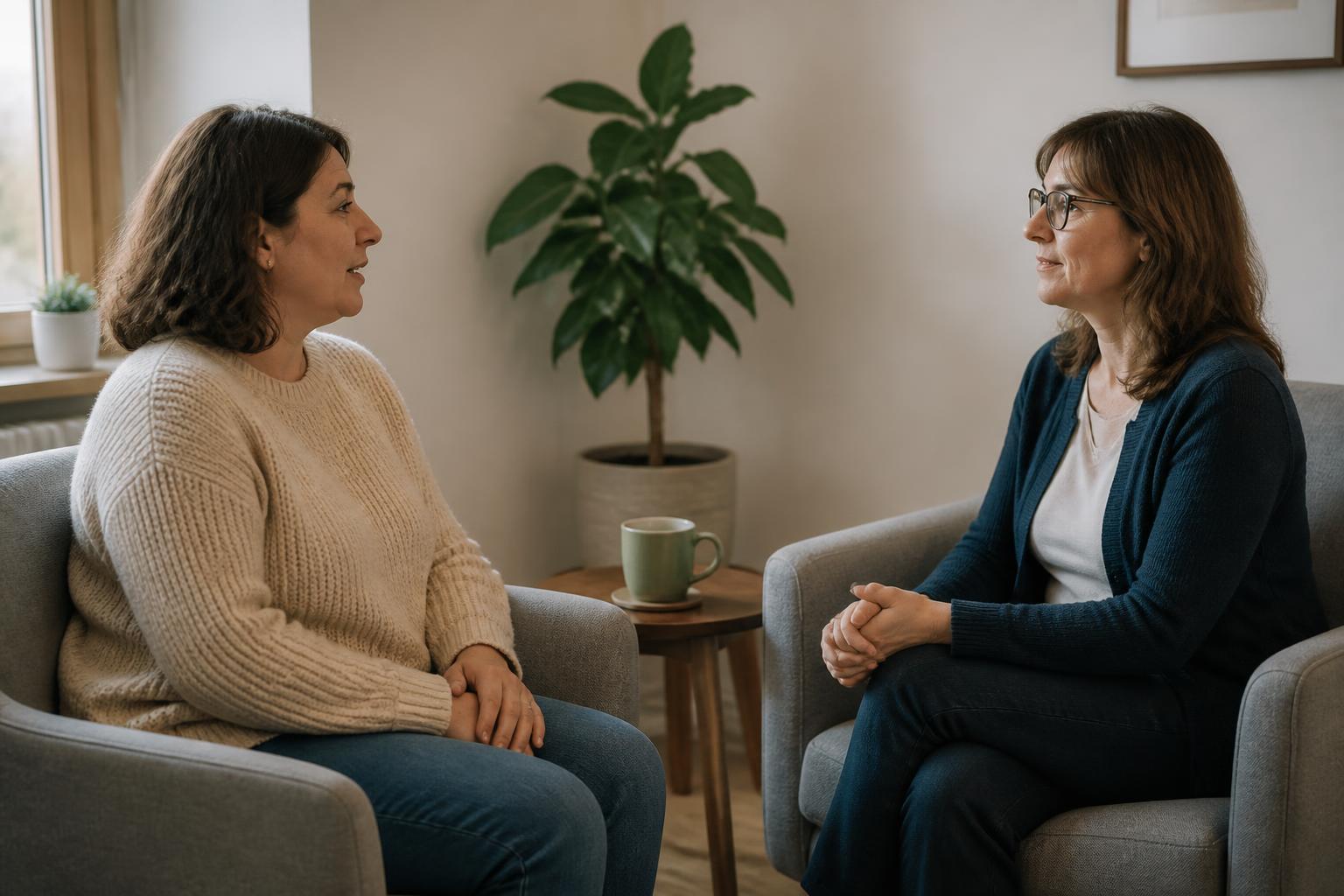 A woman sitting in a quiet, softly lit room talking with a support worker who is listening attentively.
