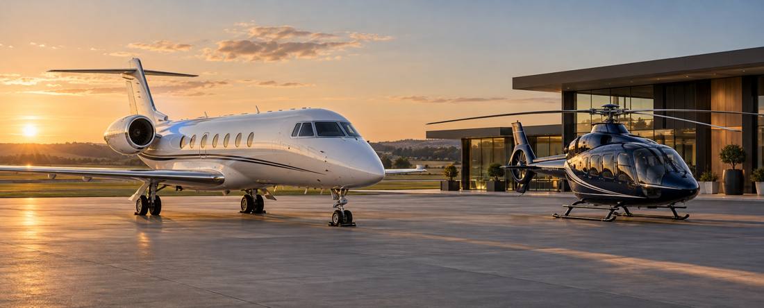 Private jet and executive helicopter outside a private airport terminal